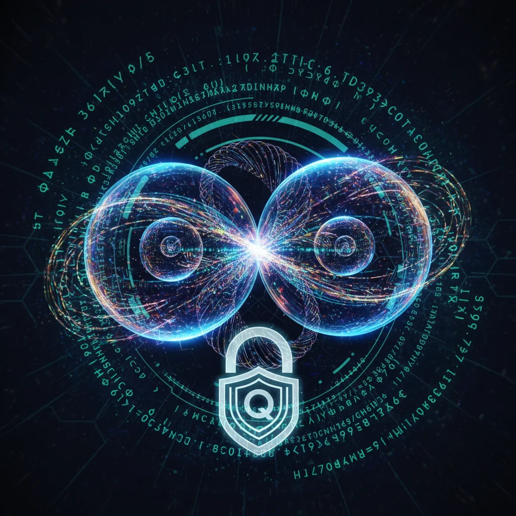 Stylized visualization of quantum entanglement with secure lock icon, representing quantum security challenges.