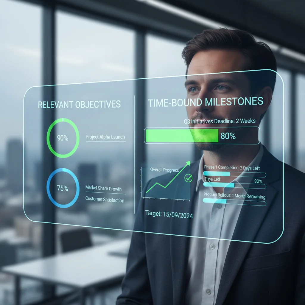 Digital dashboard showing progress bars and analytics for time-bound goals.