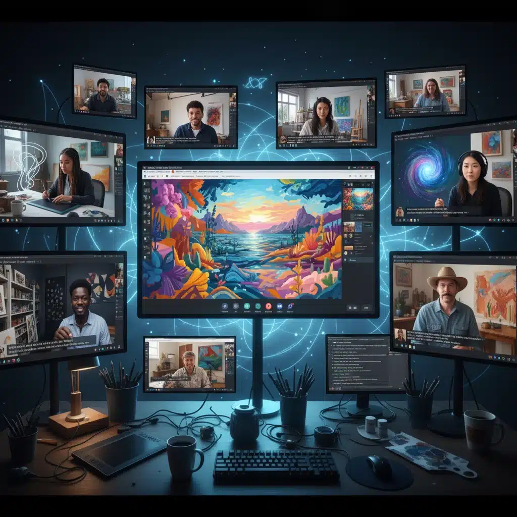 Diverse artists collaborating remotely on shared digital canvas