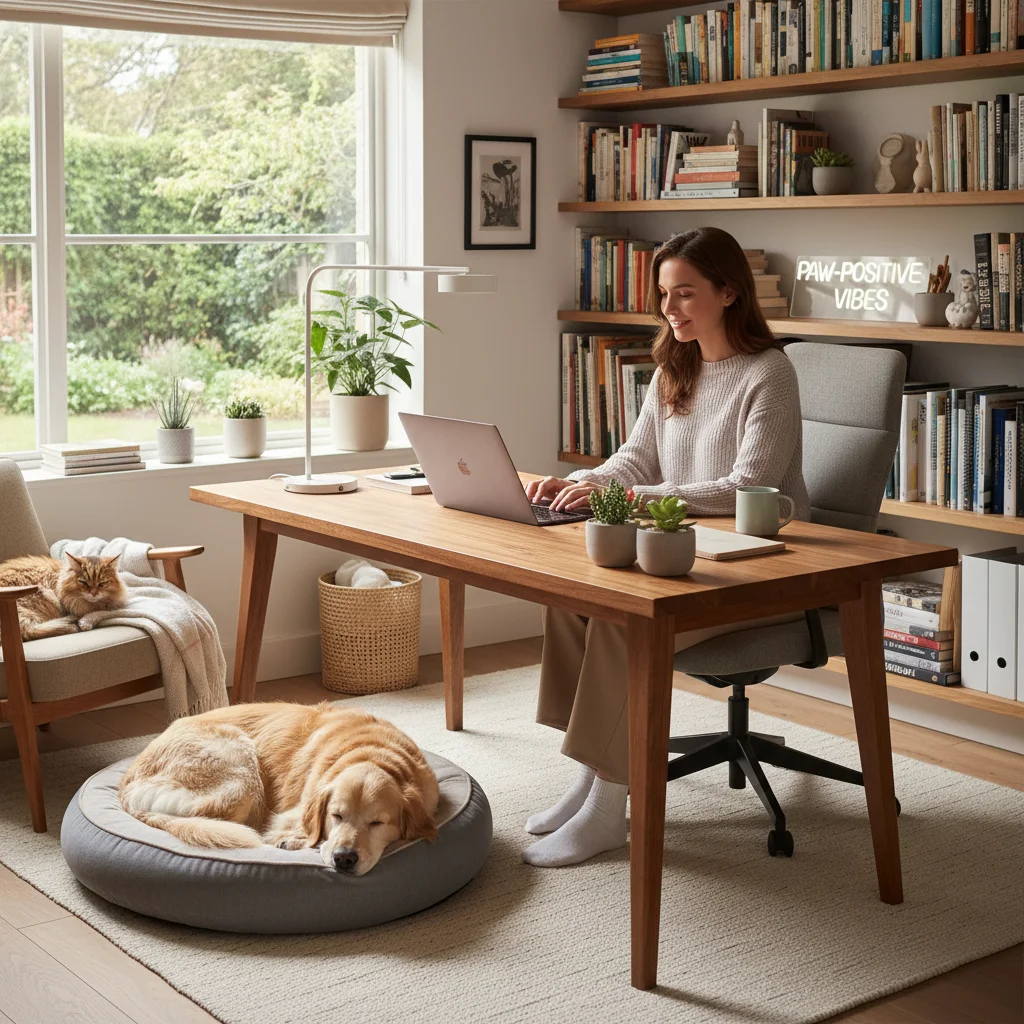 Person working remotely in a home office with a pet, symbolizing evolving work-life integration.