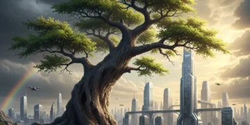 Resilient tree standing strong against a stormy sky, symbolizing business strength