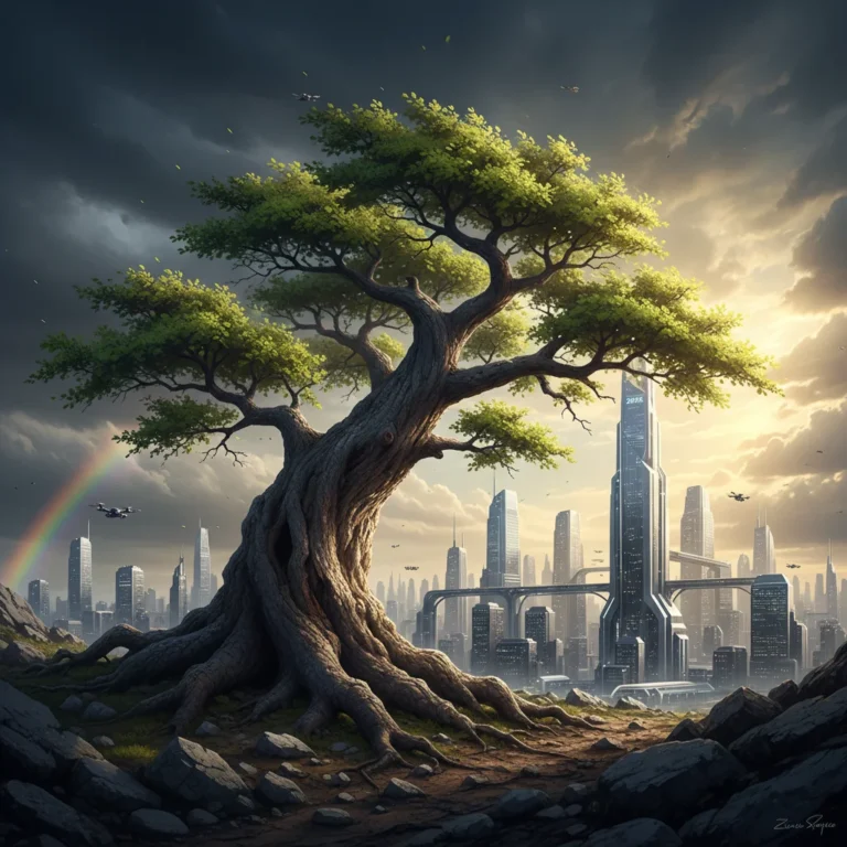 Resilient tree standing strong against a stormy sky, symbolizing business strength