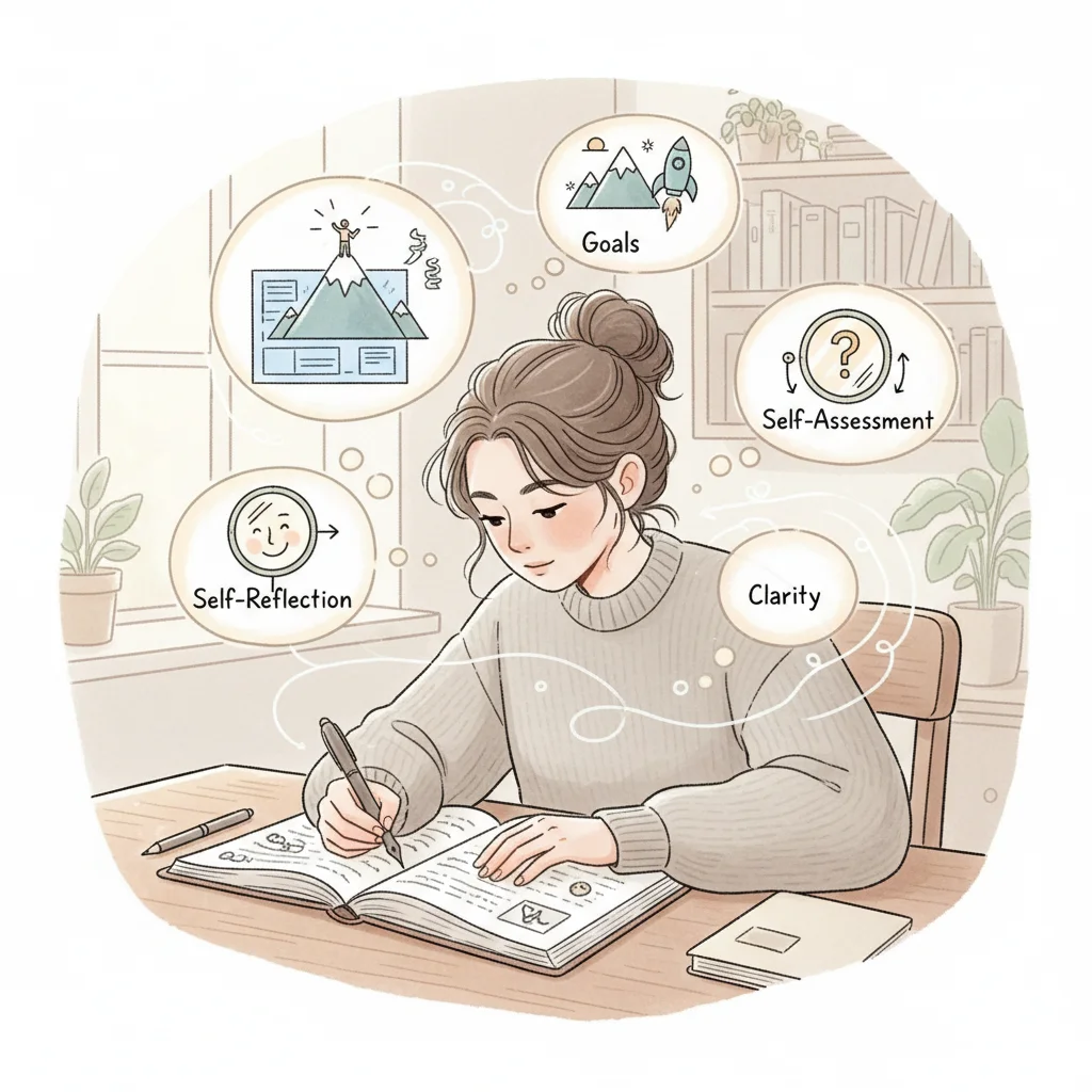 Person journaling and reflecting on personal goals and aspirations