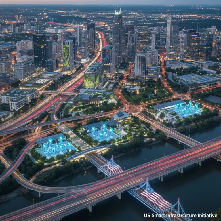 Modern cityscape with smart infrastructure elements glowing at dusk, representing US urban development.