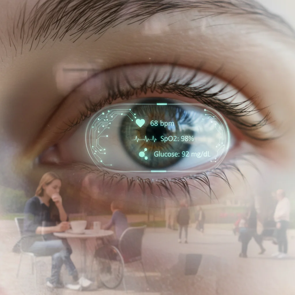 Smart contact lens displaying health data in a user's eye.