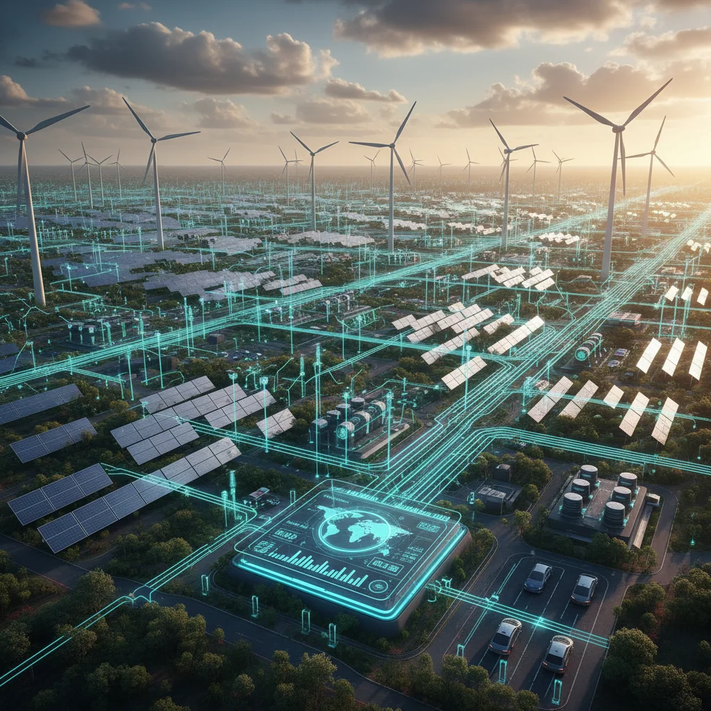 Smart energy grid with solar panels and wind turbines, illustrating sustainable power management.