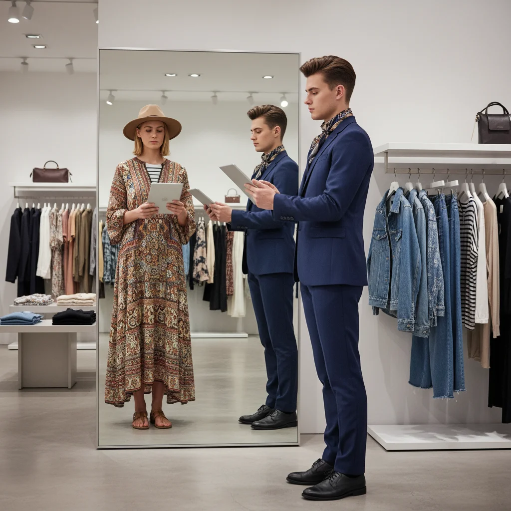 Customer virtually trying on clothes using a smart mirror in a phygital retail space, blending technology and physical apparel.