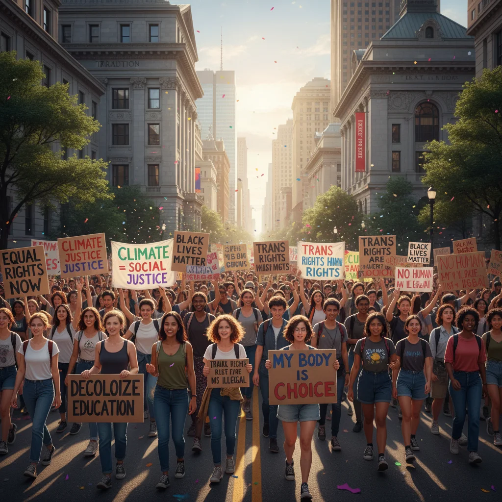 Diverse group protesting for social justice against a backdrop of traditional architecture, symbolizing evolving social norms.