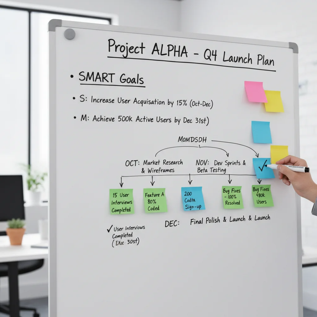 Whiteboard with sticky notes illustrating specific and measurable project goals.