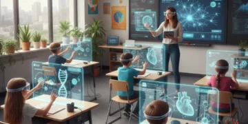 Students using augmented reality glasses in a modern classroom, interacting with 3D educational content.