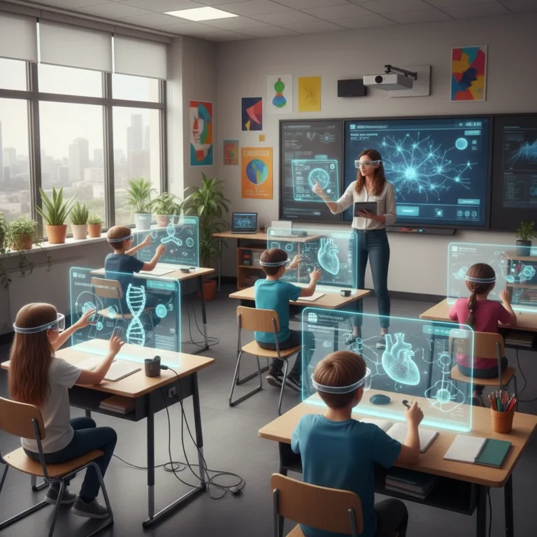 Students using augmented reality glasses in a modern classroom, interacting with 3D educational content.