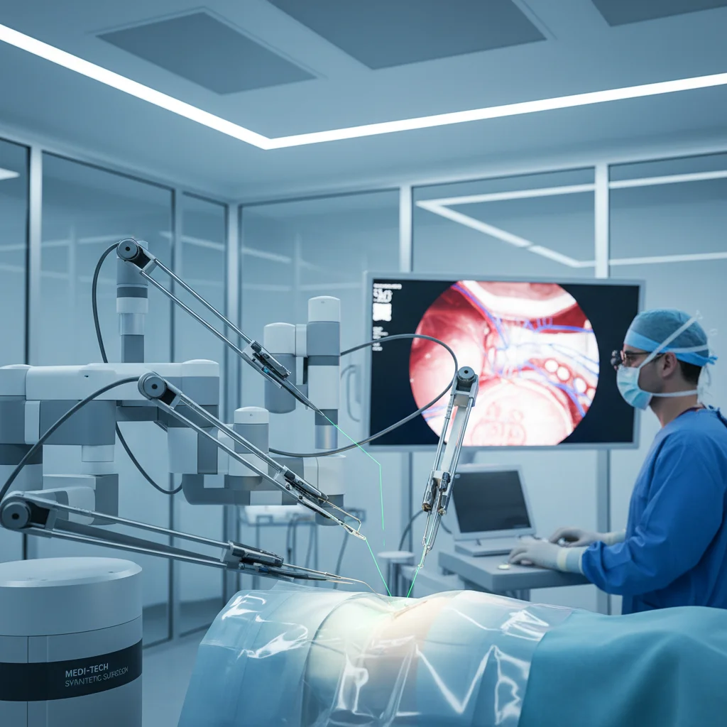 Precision surgical robot assisting a surgeon in an operating room.