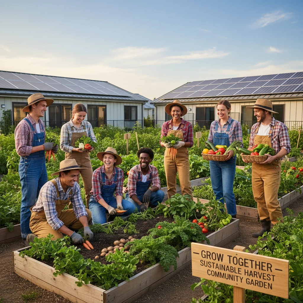 Young adults in a community garden, promoting sustainable living and conscious consumption.