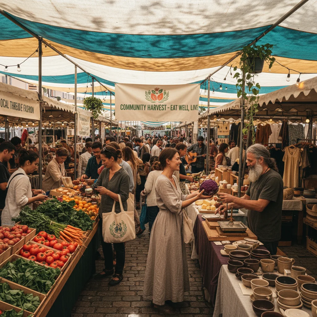 Consumers at a farmer's market, highlighting the economic shift towards sustainable and local cultural values.