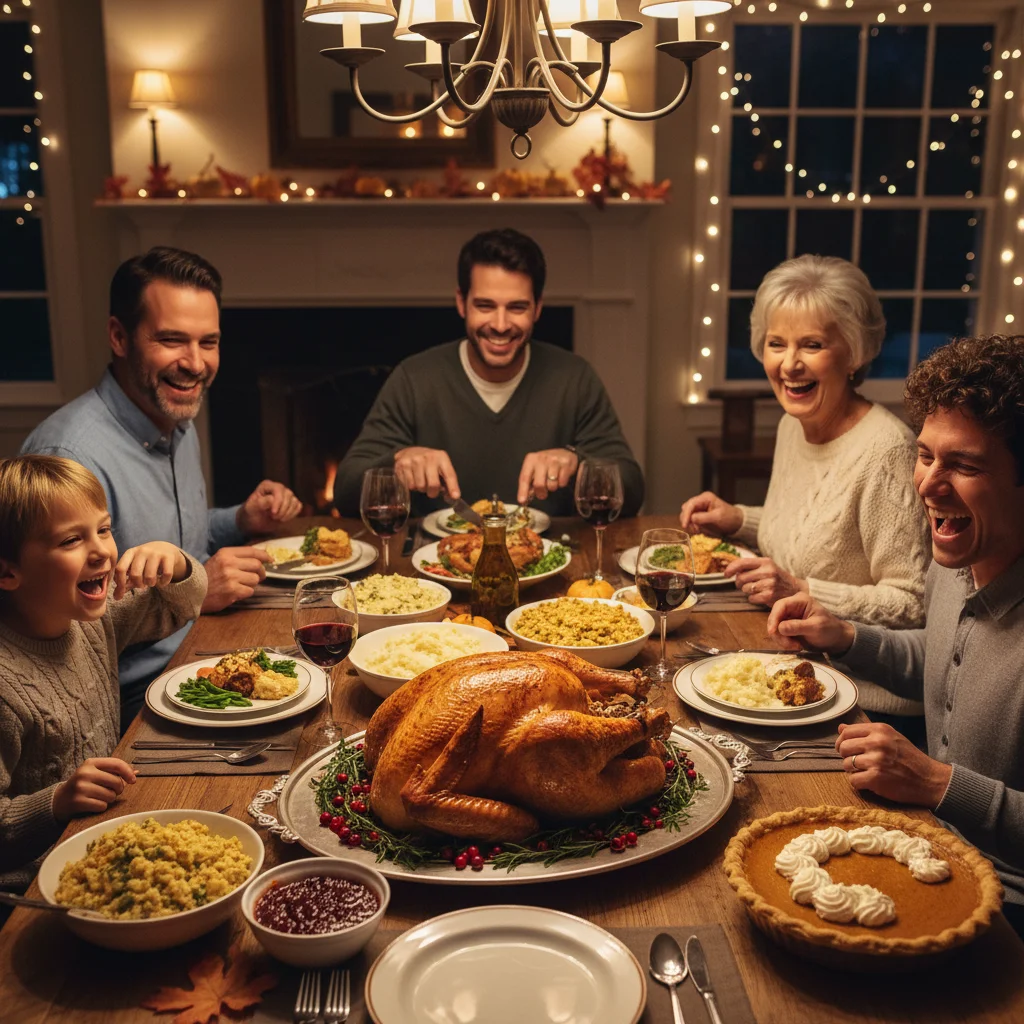 Family enjoying a traditional Thanksgiving dinner together.