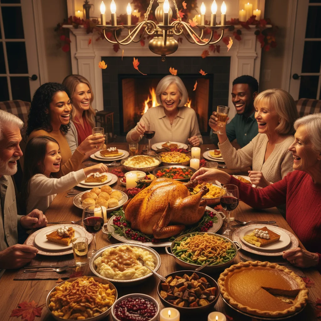 Family enjoying a traditional Thanksgiving dinner together.