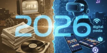 Traditional versus digital media consumption in 2026, showing contrasting technologies.