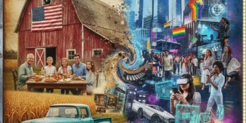 Traditional vs. Modern: Navigating American Cultural Narratives in 2026 Collage depicting traditional American symbols clashing with modern societal elements, representing cultural narratives.