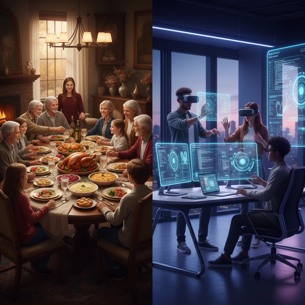 Split image of a traditional family dinner versus a modern tech collaboration, illustrating differing societal values.