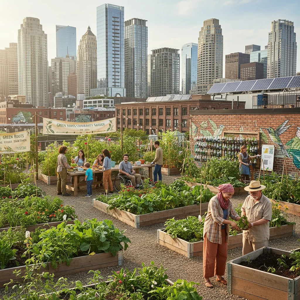 Diverse community members working together in an urban garden, symbolizing 2026 social bonds.