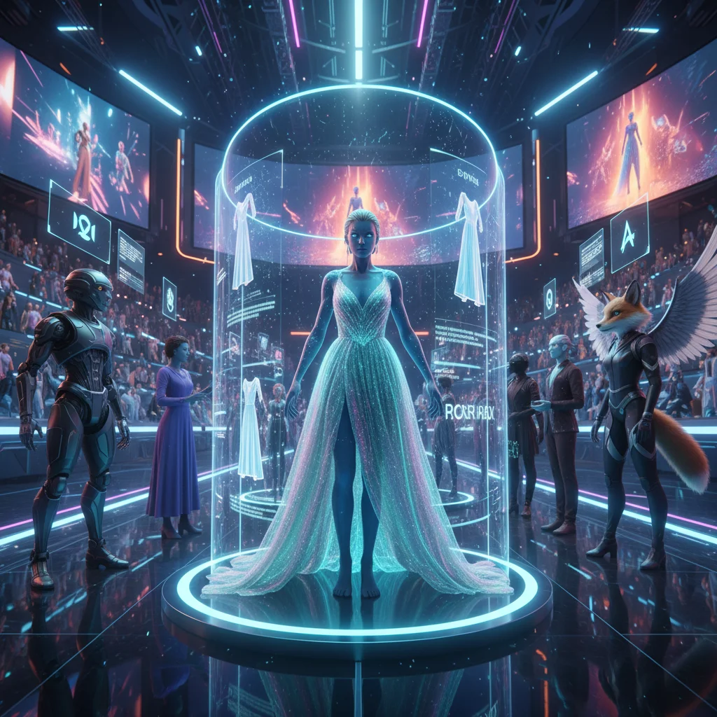 Avatars at a virtual fashion show, engaging with digital garments and brand experiences in the metaverse.