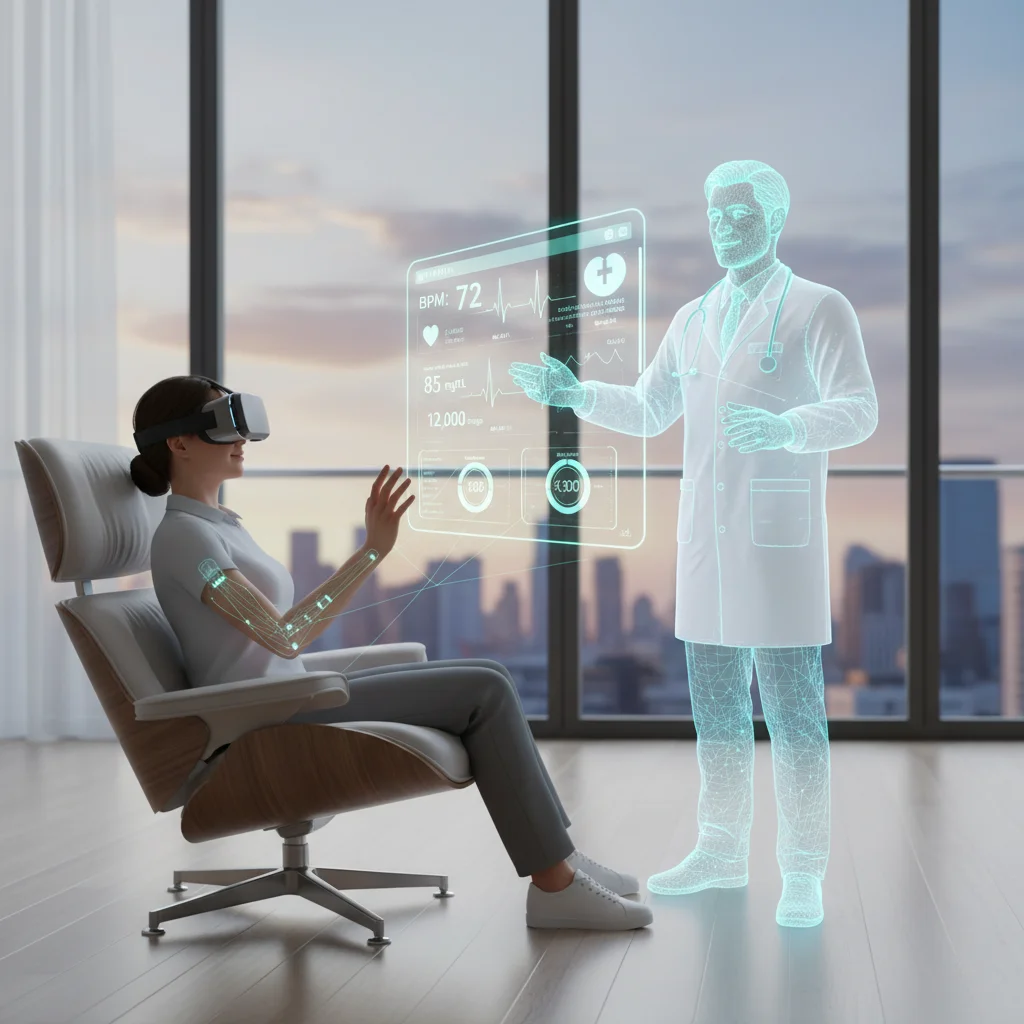 Patient consulting virtual doctor with bio-integrated wearable data in AR.