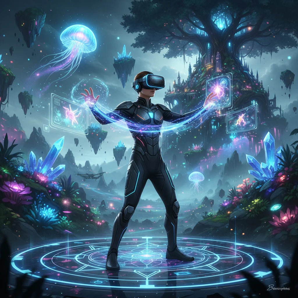Person immersed in a vibrant virtual reality digital art experience