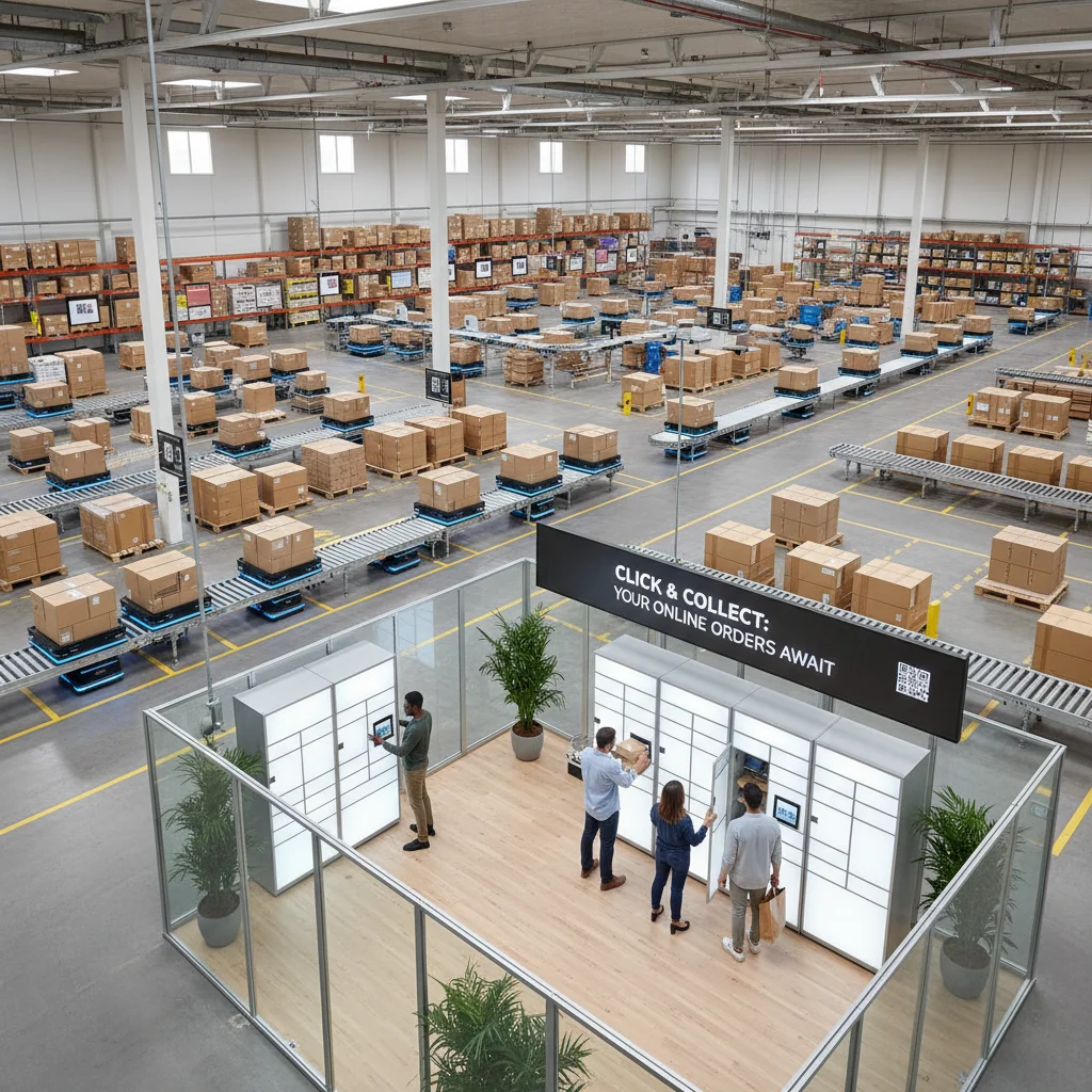 Autonomous robots in a warehouse fulfilling online orders, with a dedicated click and collect area for customer pickup.