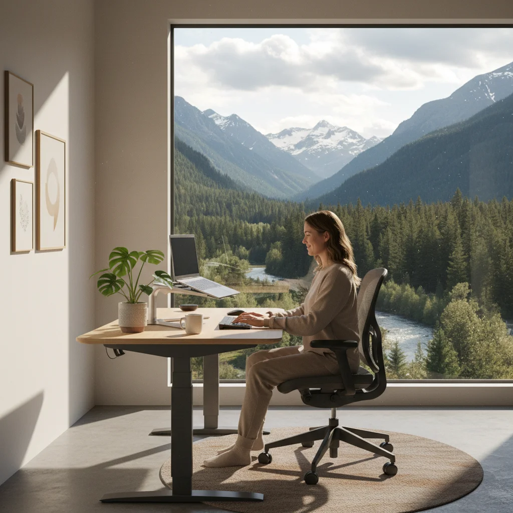 Individual working remotely from a serene home office, illustrating modern work-life integration.