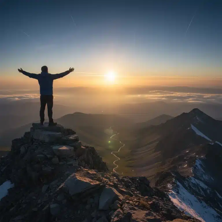 Person on mountaintop, symbolizing achieving achievable goals and personal success.