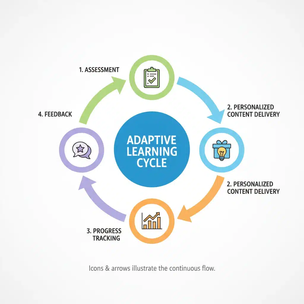 Infographic showing the adaptive learning cycle with assessment, content delivery, and feedback.