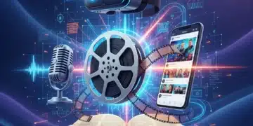 Digital collage showing evolution of American storytelling across various media platforms