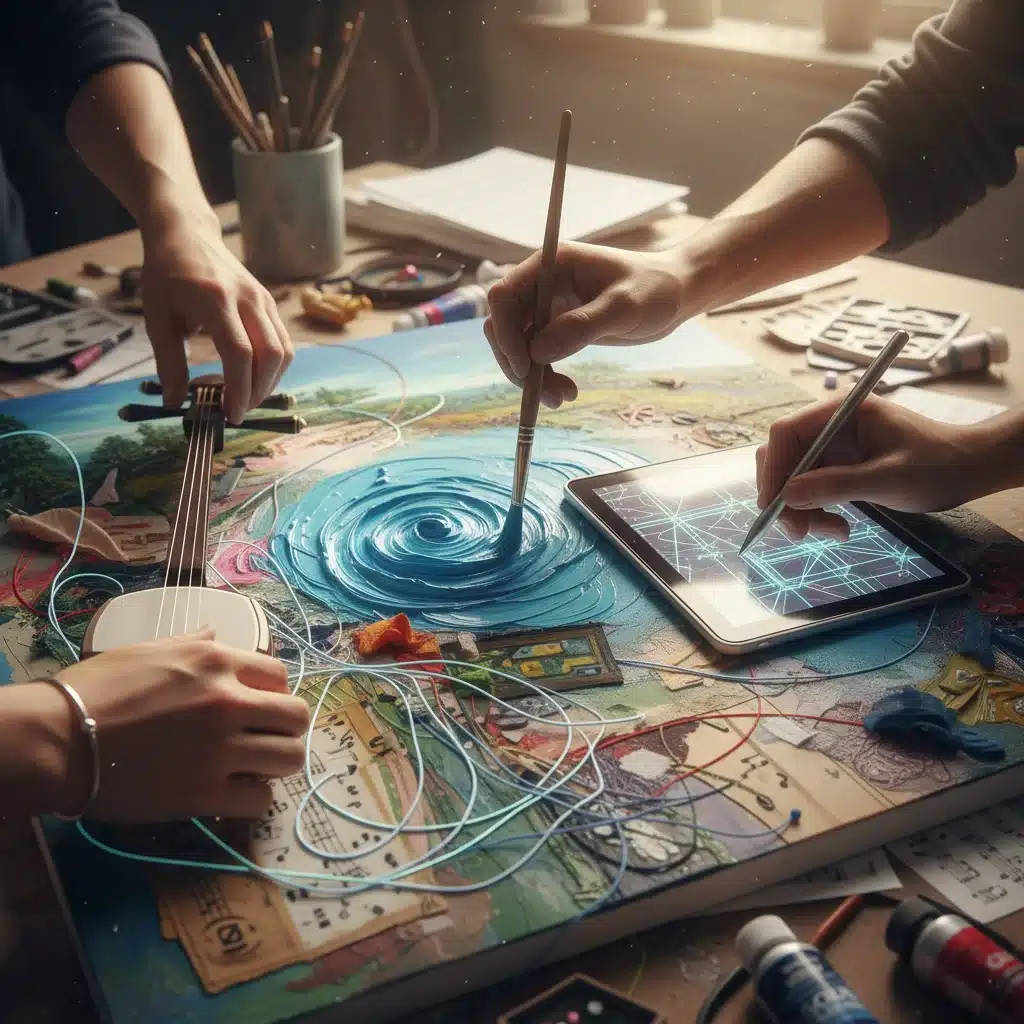 Close-up of diverse artists' hands collaborating on a single artwork, showing fusion of skills and mediums.