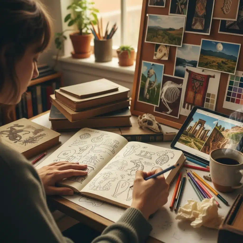 Artist sketching initial concepts and researching ideas.
