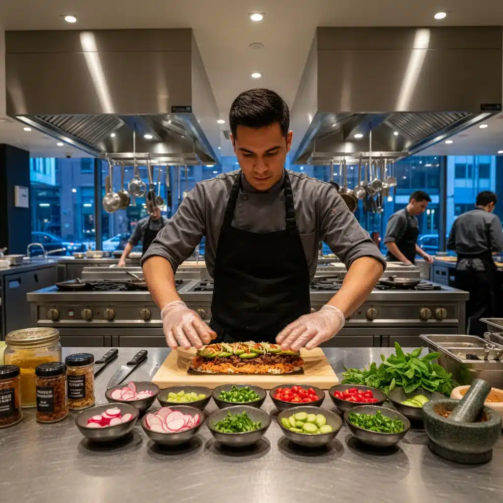 Chef preparing innovative global fusion dish in a professional kitchen