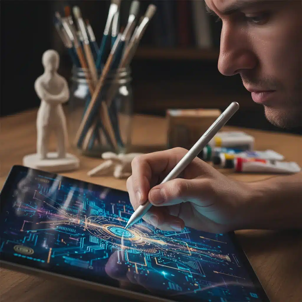 Artist's hand using a stylus on a digital tablet, creating intricate digital artwork.