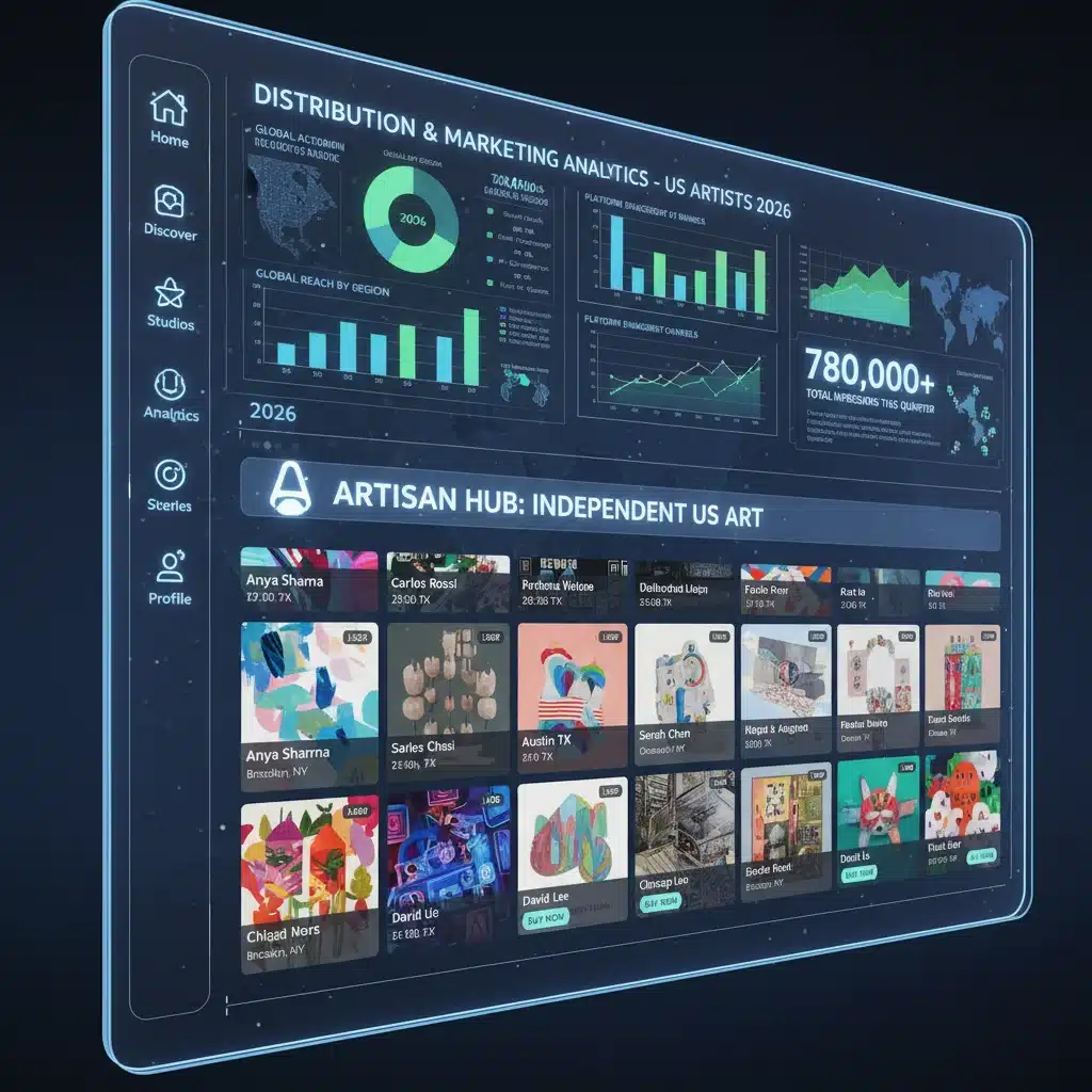 Digital marketplace showing independent artworks and sales analytics.