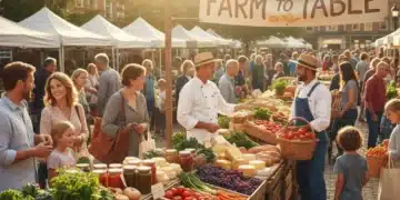 Bustling farmers market with fresh produce symbolizing farm to table movement