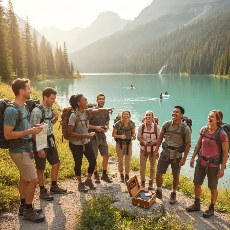 Group of friends enjoying outdoor activities without digital devices, embracing new American leisure trends.