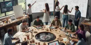 Independent artists collaborating on creative workflow in a studio.