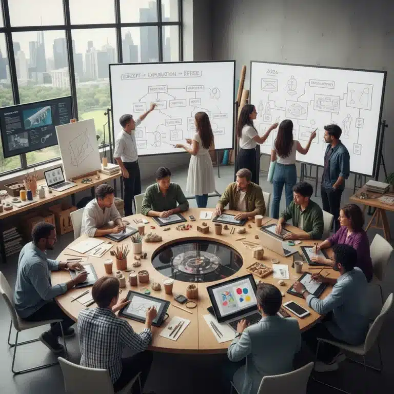 Independent artists collaborating on creative workflow in a studio.