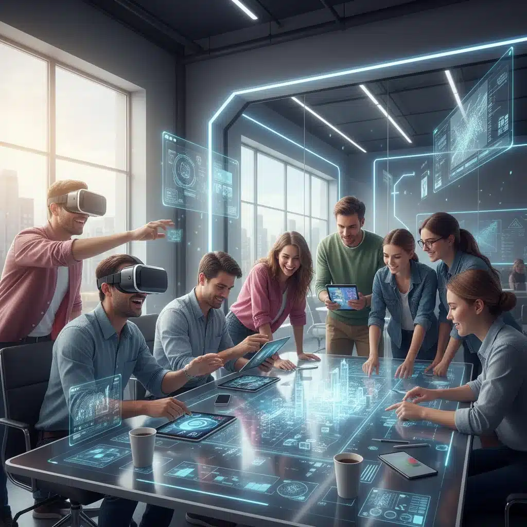 Diverse individuals engaging with interactive digital content and virtual reality