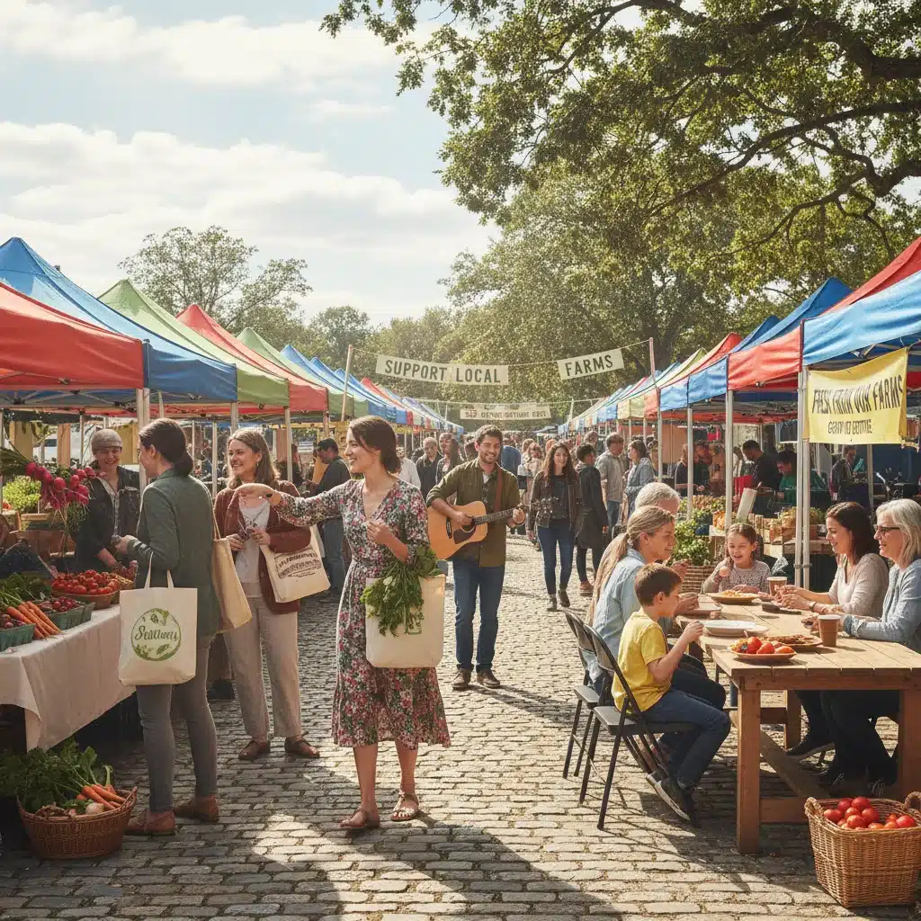 People engaging at a vibrant local farmers' market, highlighting community and local experiences.