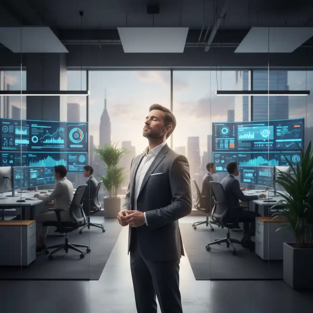 Professional practicing mindful breathing in busy office