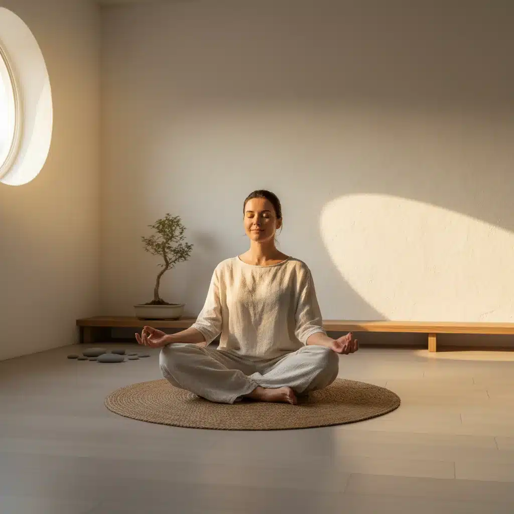 Individual meditating in a calm room, focusing on mindfulness and emotional regulation.