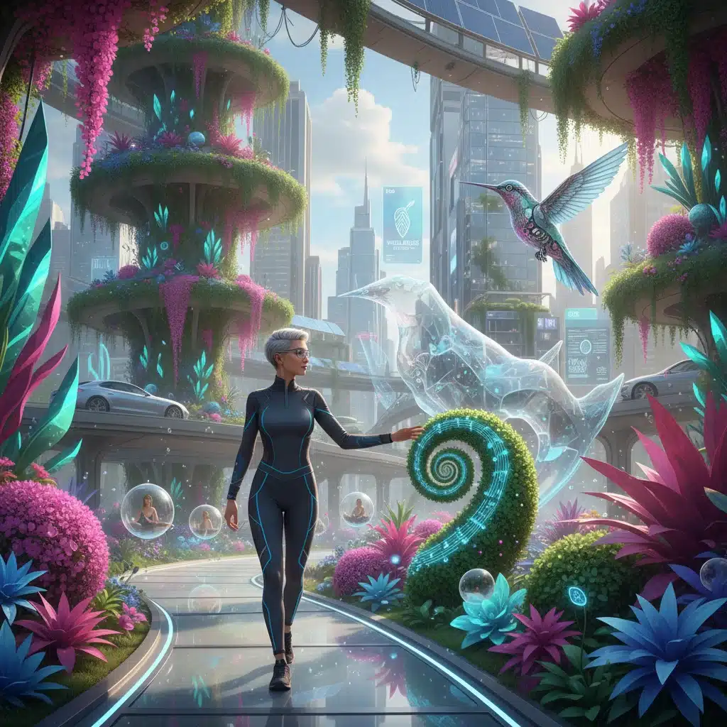 Mindful walking in futuristic city park