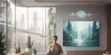 Person meditating in modern apartment, calm and focused