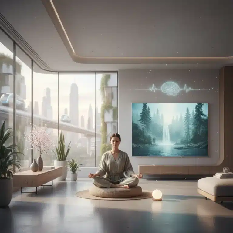 Person meditating in modern apartment, calm and focused