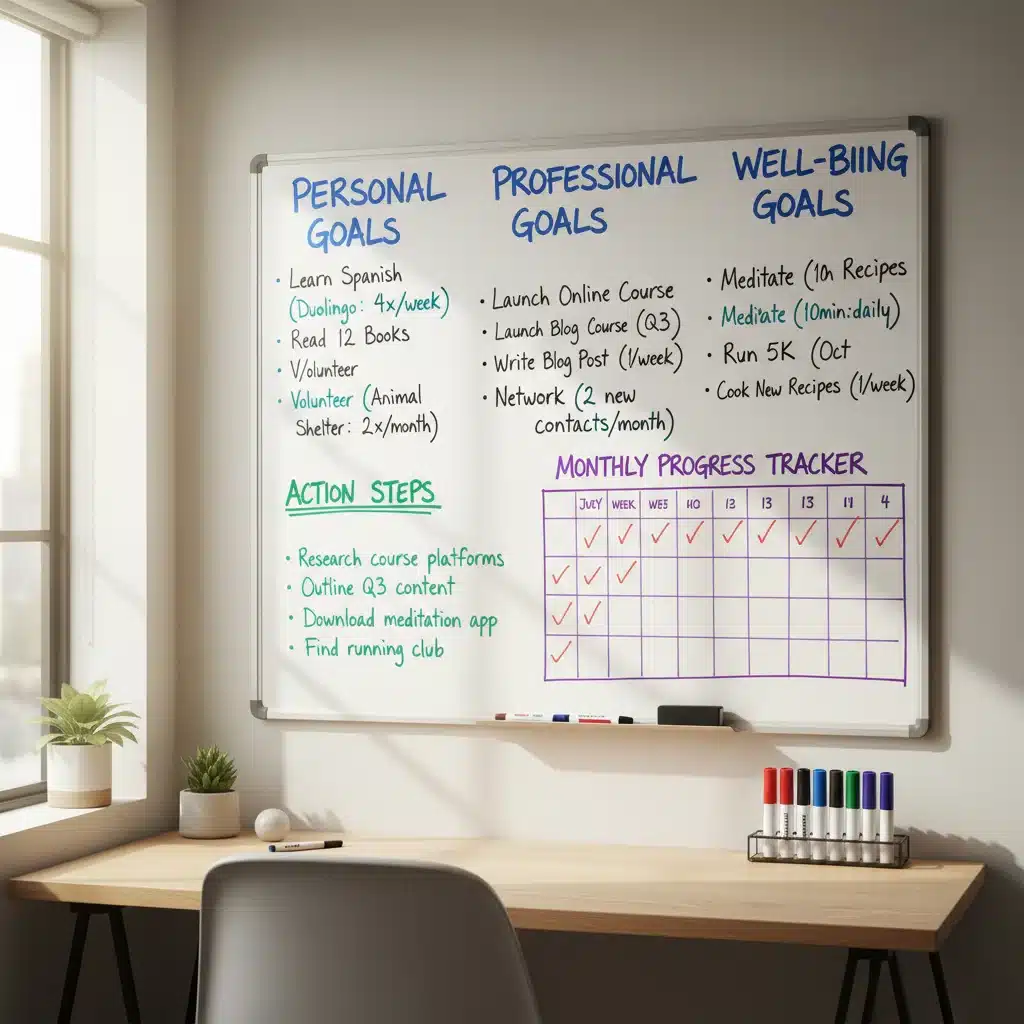 Whiteboard displaying organized monthly personal growth goals and progress tracking.