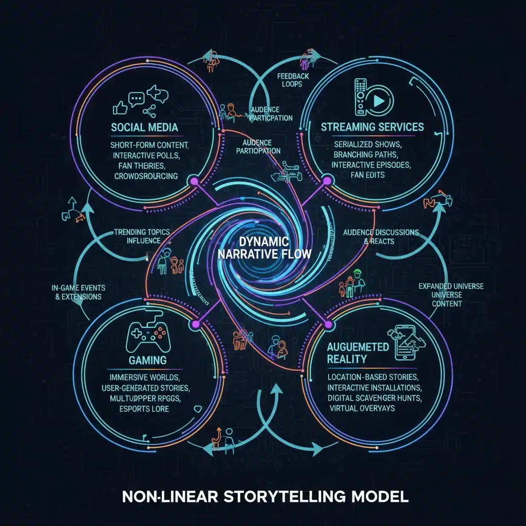 Infographic illustrating narrative flow and audience participation in new media platforms